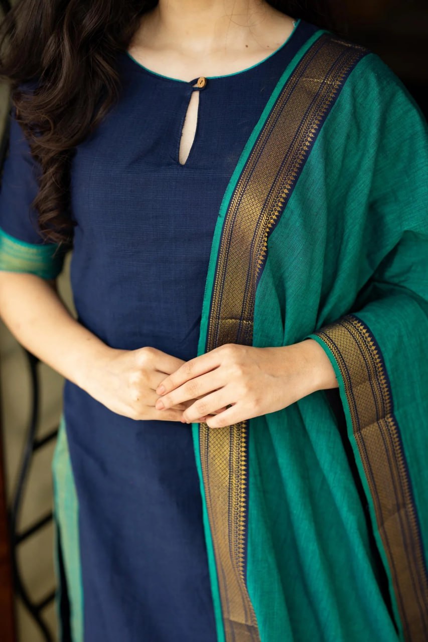 Royal Navy Blue Viscose Suit Set with Banarasi Chanderi Dupatta