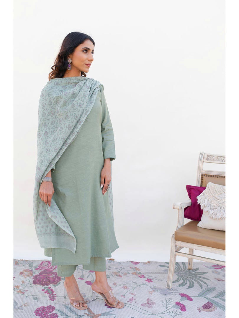 Pista Muslin Suit Set with Chanderi Dupatta
