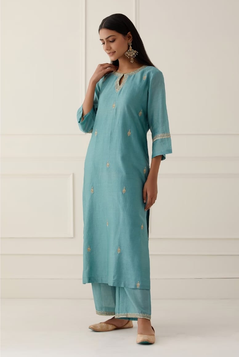 Pastel Aqua Roman Suit Set with Golden Zari Organza Dupatta