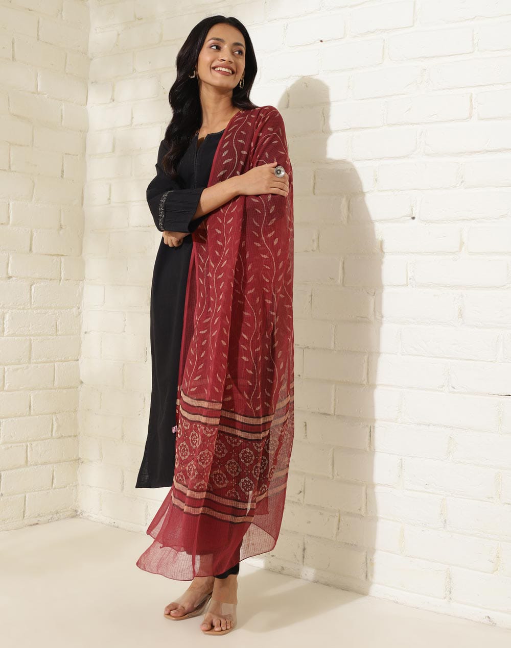 Classic Black Viscose Suit Set with Red Printed Dupatta