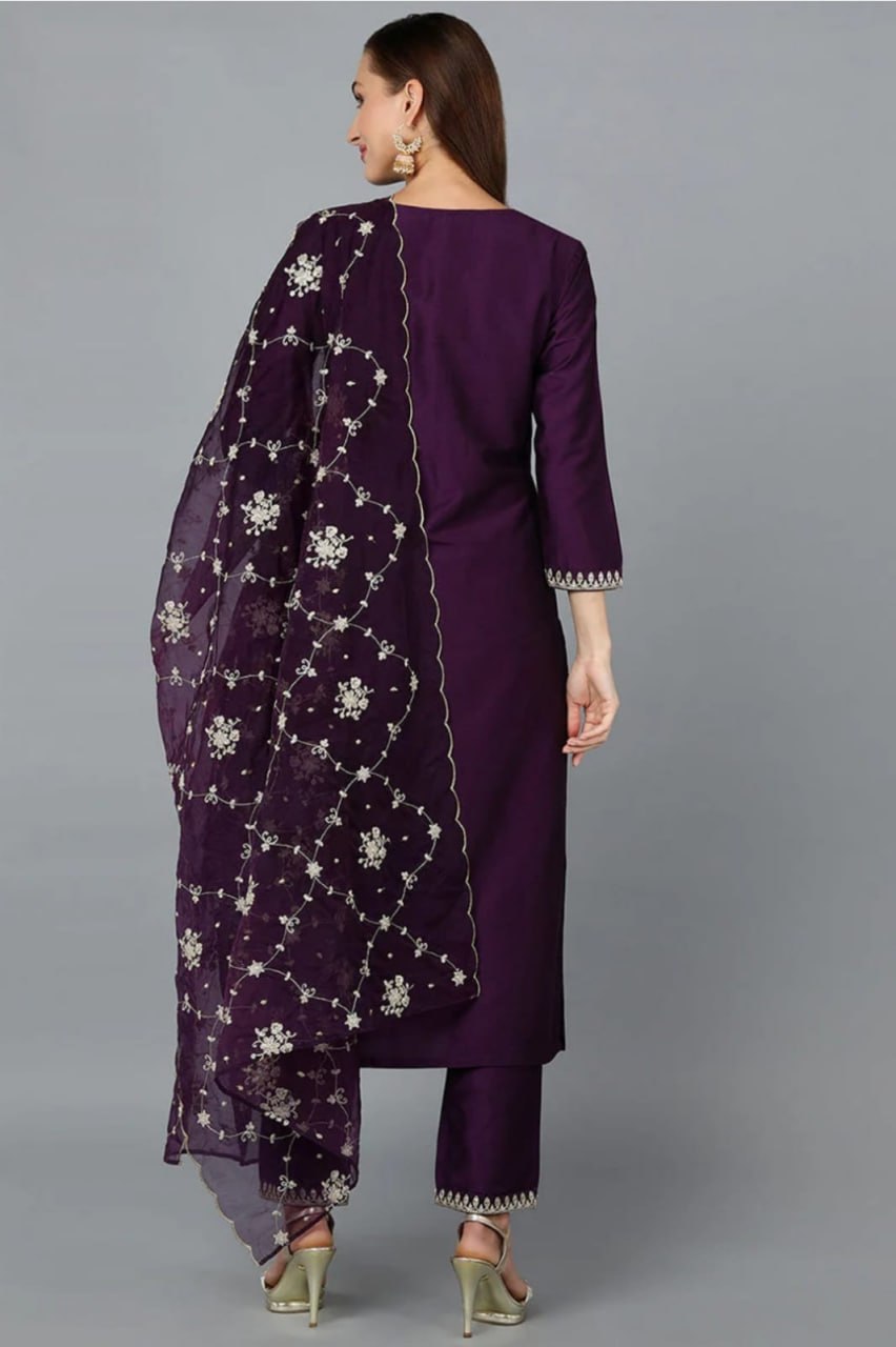 Royal Wine Embroidered Roman Suit Set with Organza Dupatta