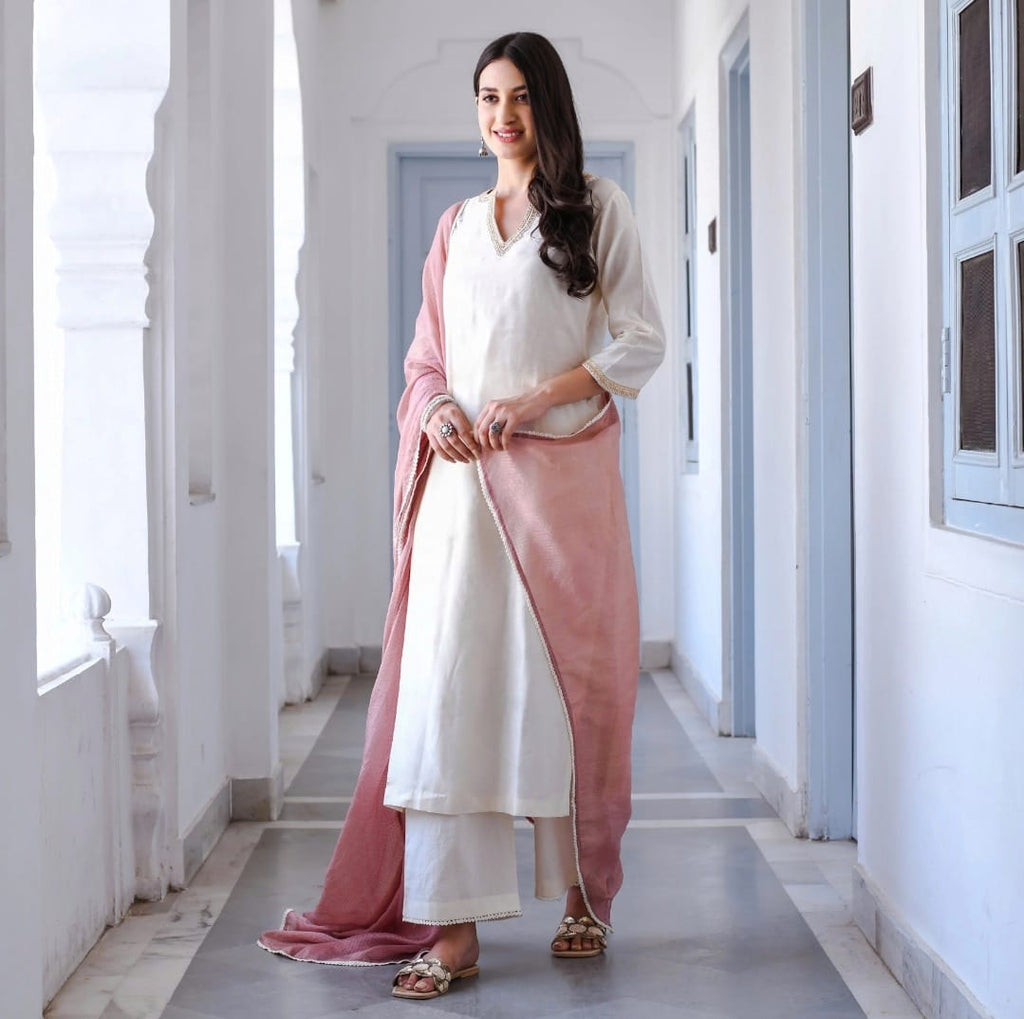 Cream White Embroidered Suit Set with Blush Pink Dupatta