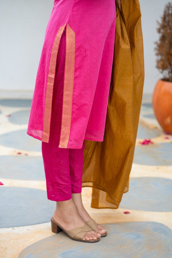 Rani Pink Roman Suit Set with Banarasi Lace Chanderi Dupatta