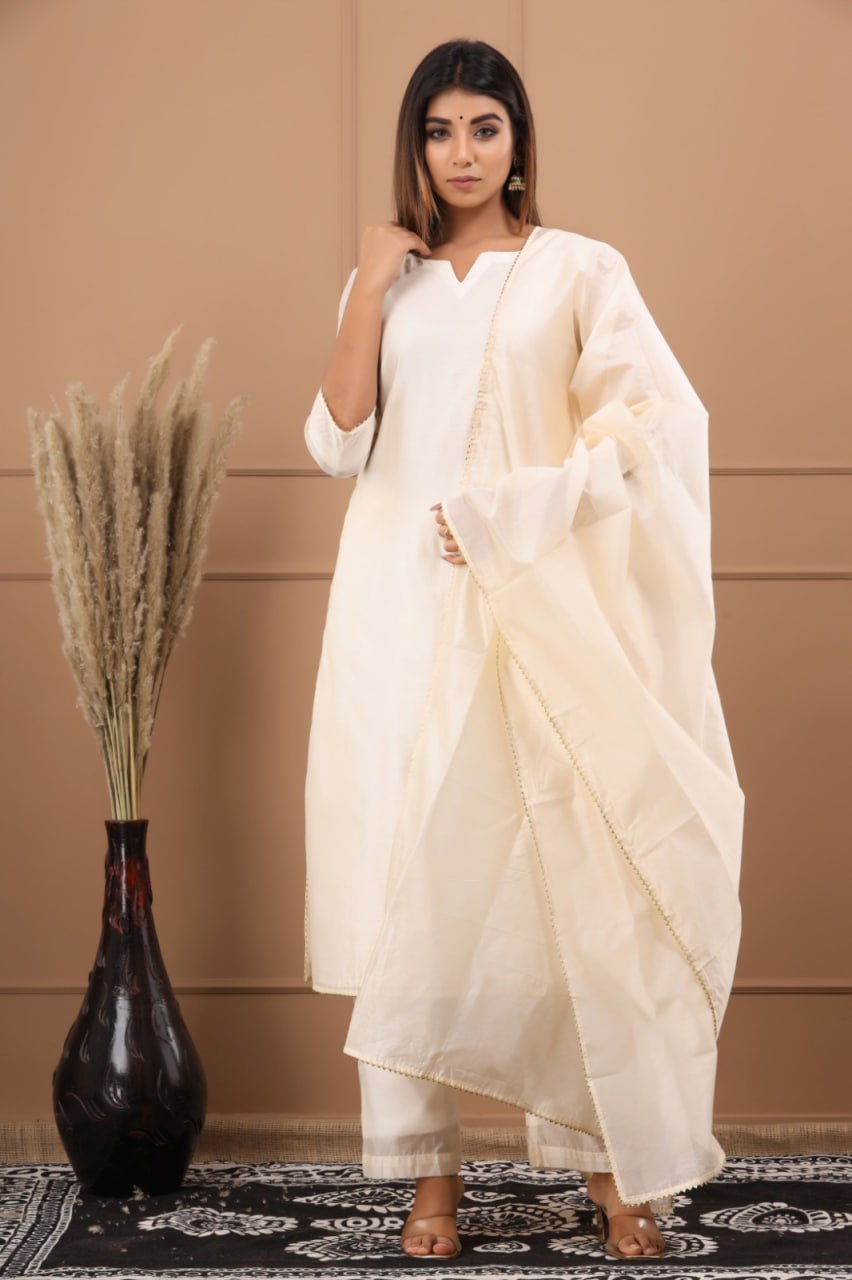 Cream Roman Suit Set with Chanderi Dupatta