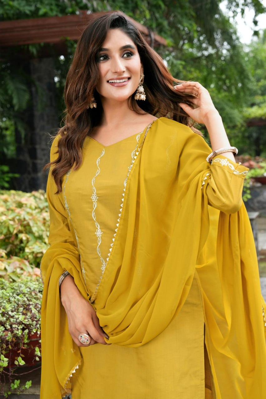 Mustard Yellow Embroidered Roman Silk Suit Set with Georgette Dupatta