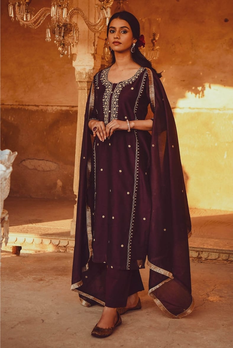 Royal Maroon Embroidered Chanderi Suit Set with Elegant Dupatta