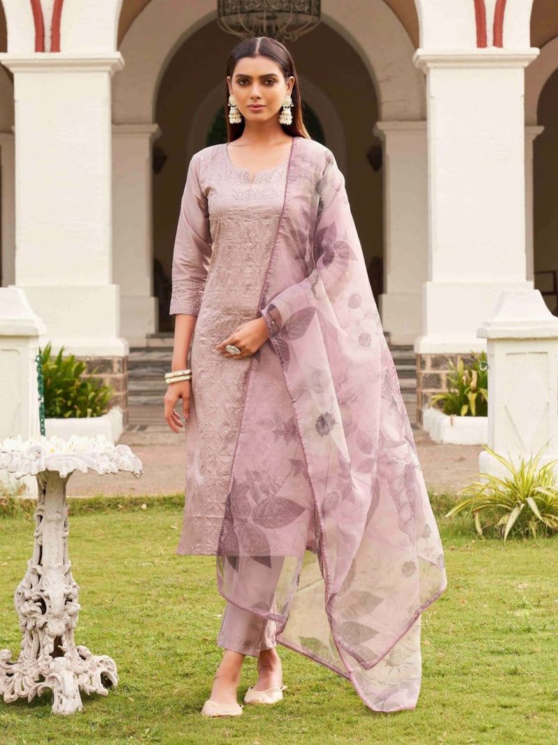 Light Pink Embroidered Roman Suit Set with Printed Organza Dupatta