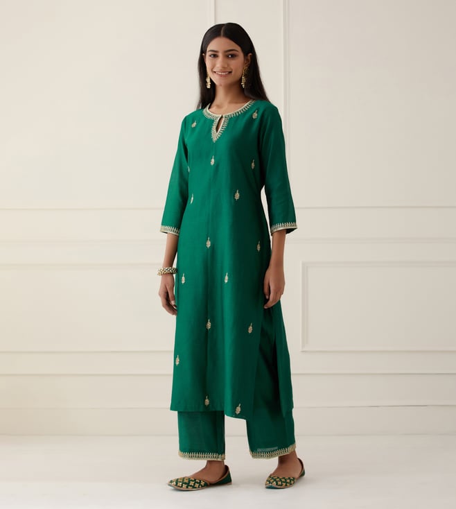 Royal Green Zari Embroidered Roman Suit Set with Organza Dupatta