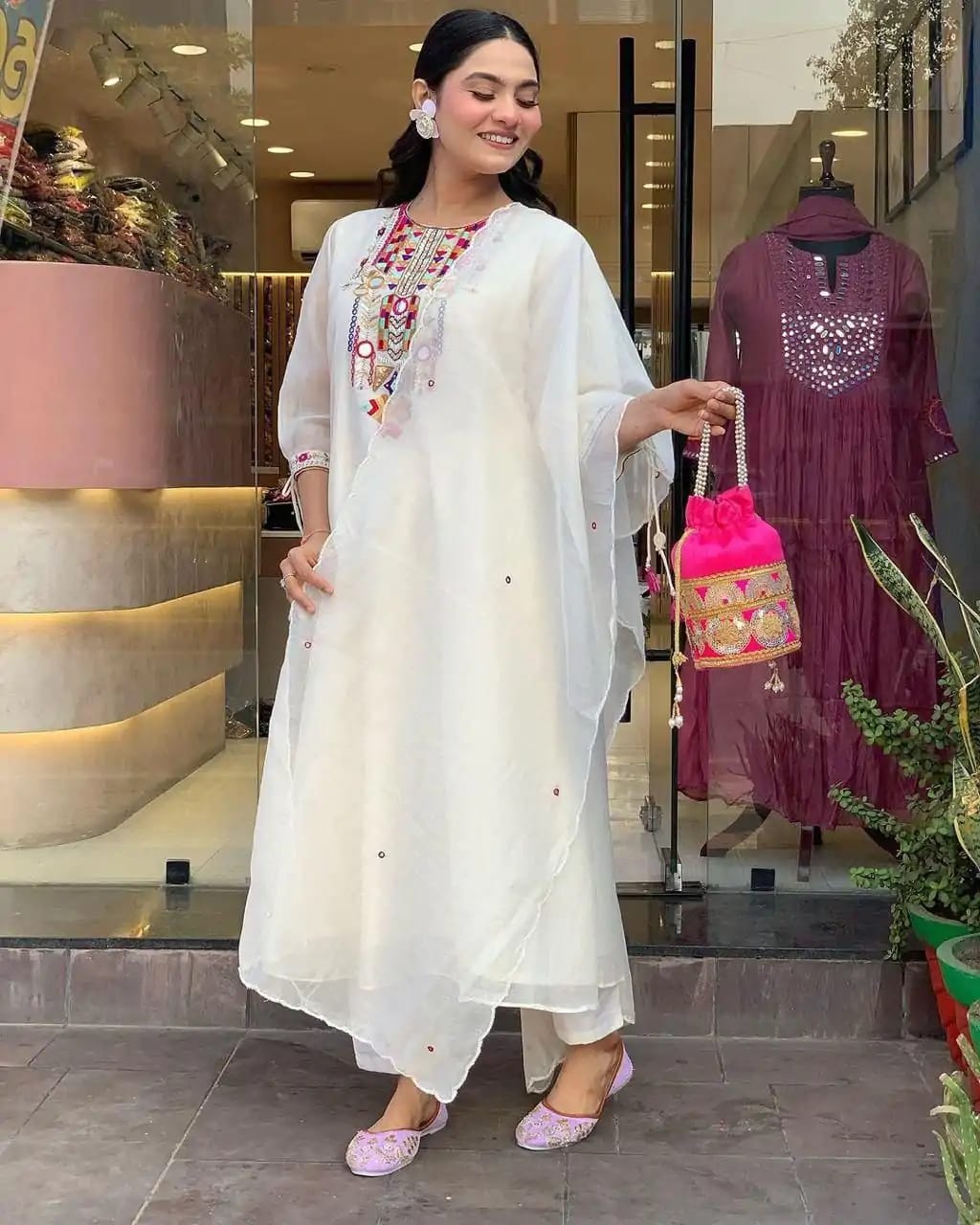 White Mirror Embroidered Chanderi Suit Set with Organza Dupatta