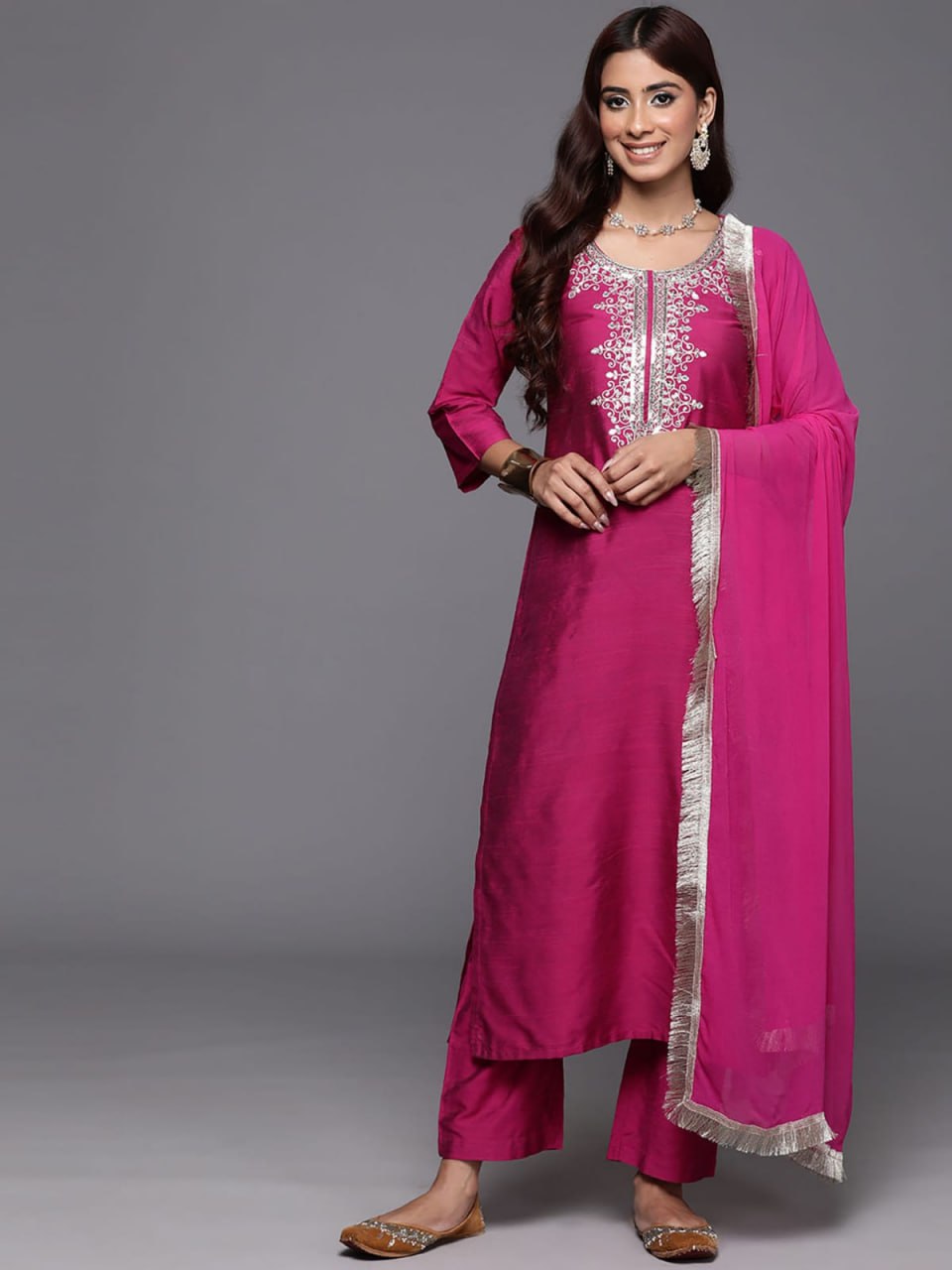 Rani Pink Embroidered Roman Suit Set with Chanderi Dupatta