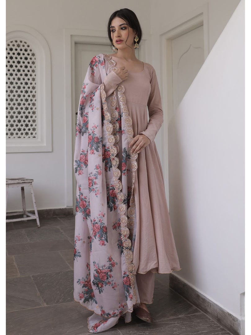 Floral Organza Dupatta Chinon Suit Set