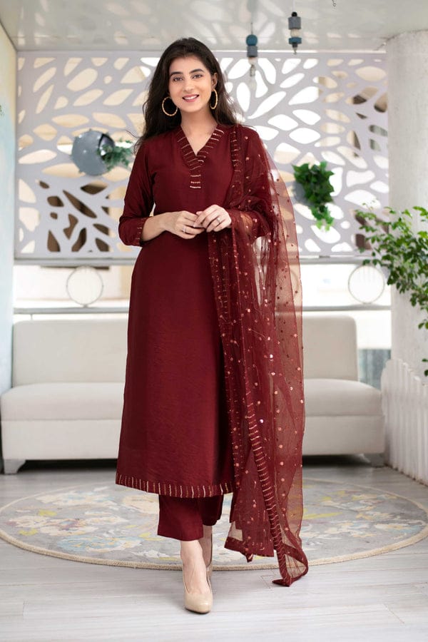 Maroon Embroidered Suit Set with Organza Dupatta