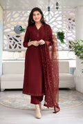 Maroon Embroidered Suit Set with Organza Dupatta