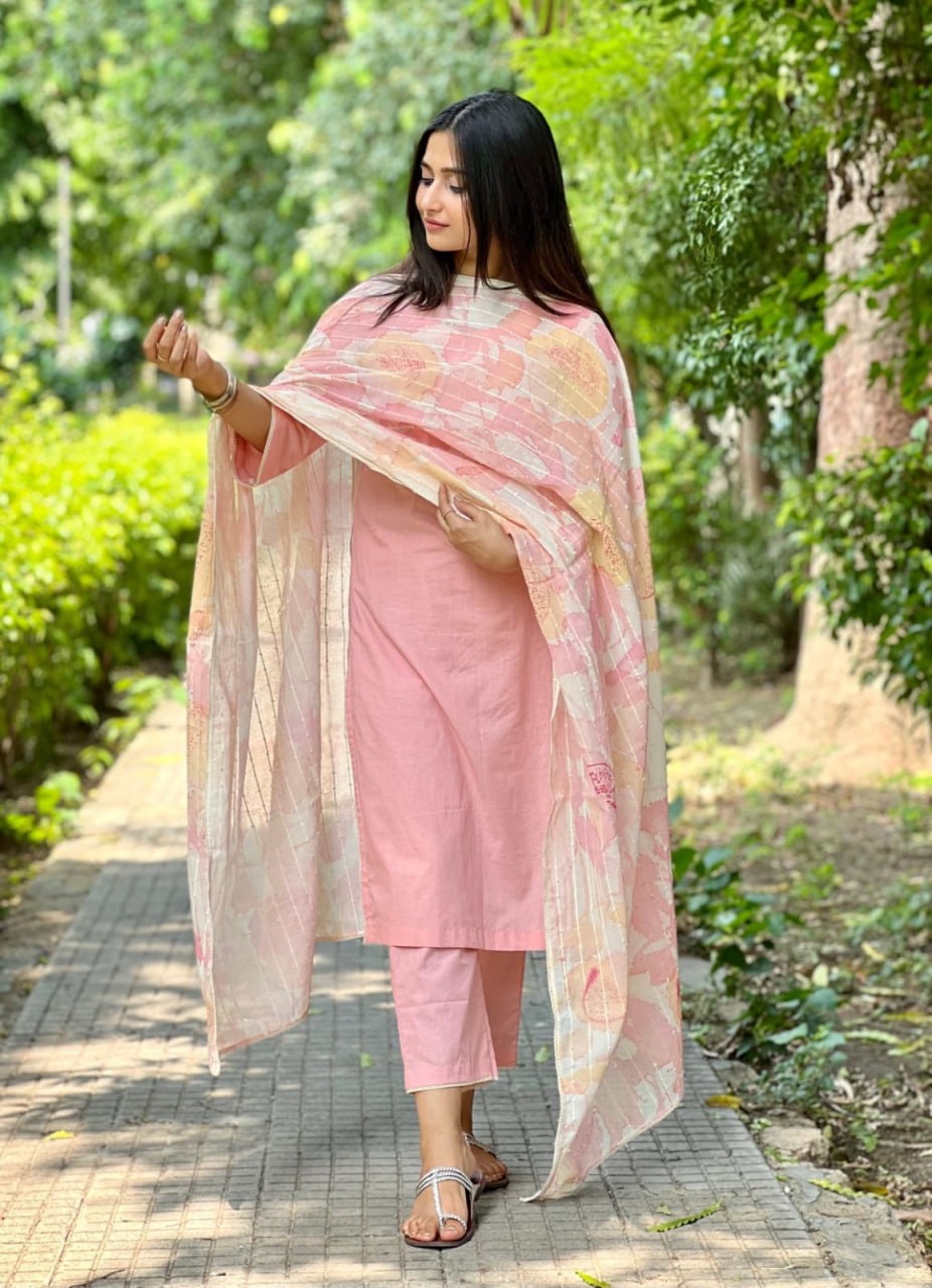Pink Viscose Suit Set with Chanderi Dupatta