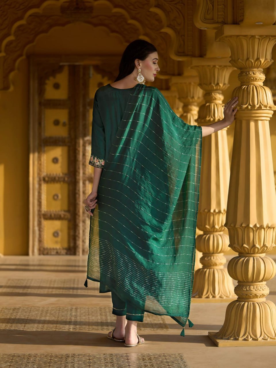 oyal Emerald Embroidered Roman Suit Set with Chanderi Dupatta