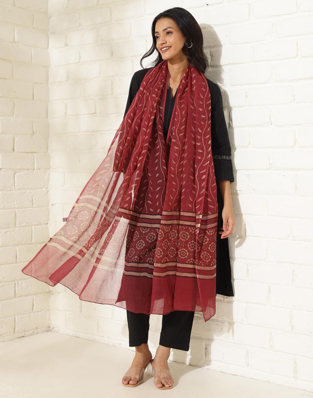 Classic Black Viscose Suit Set with Red Printed Dupatta