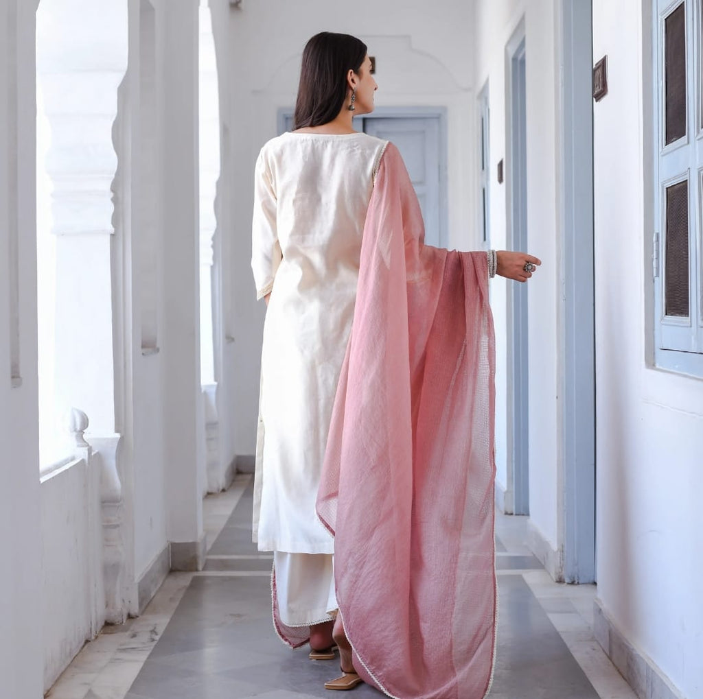 Cream White Embroidered Suit Set with Blush Pink Dupatta