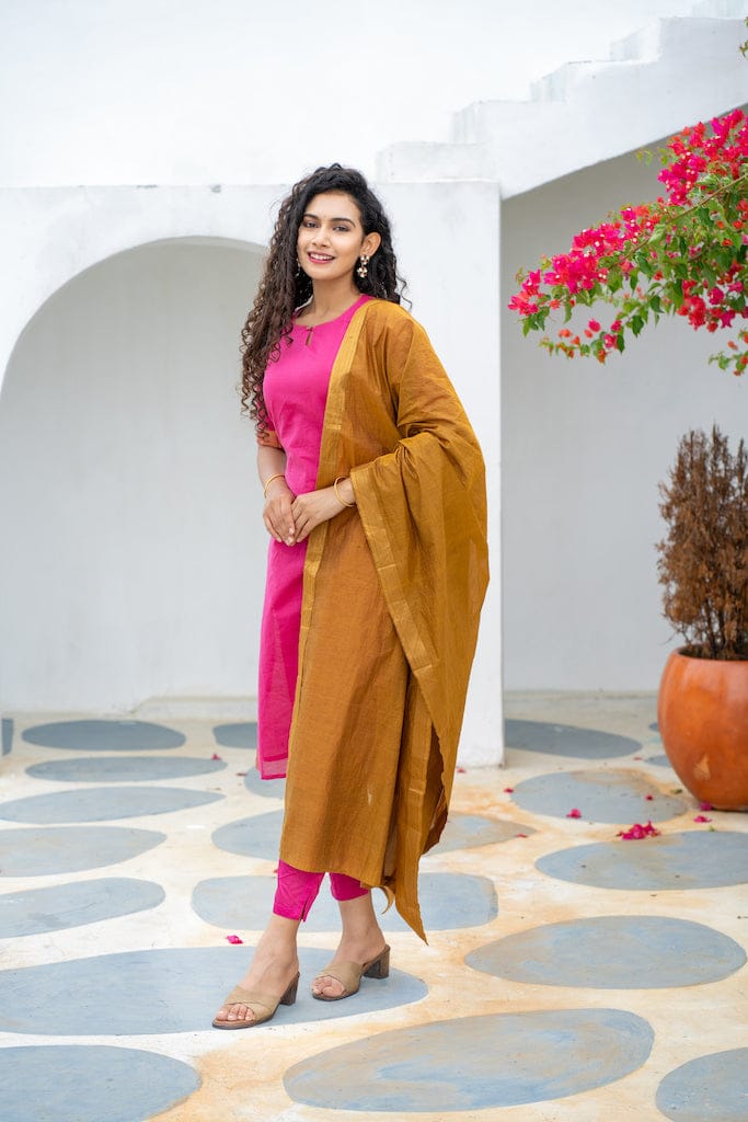 Rani Pink Roman Suit Set with Banarasi Lace Chanderi Dupatta