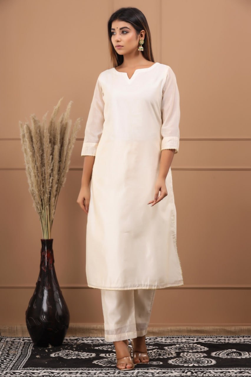 Cream Roman Suit Set with Chanderi Dupatta