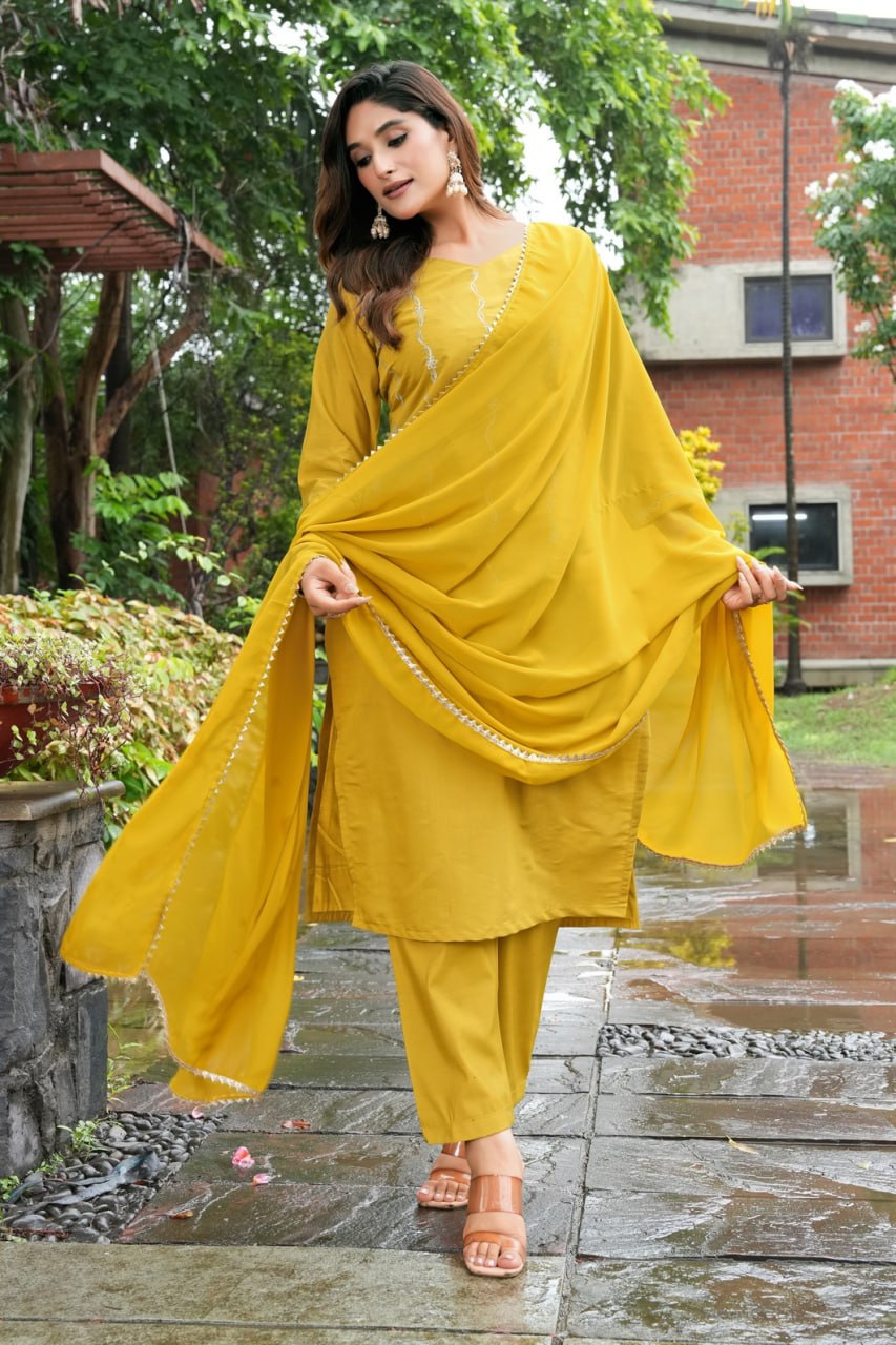 Mustard Yellow Embroidered Roman Silk Suit Set with Georgette Dupatta