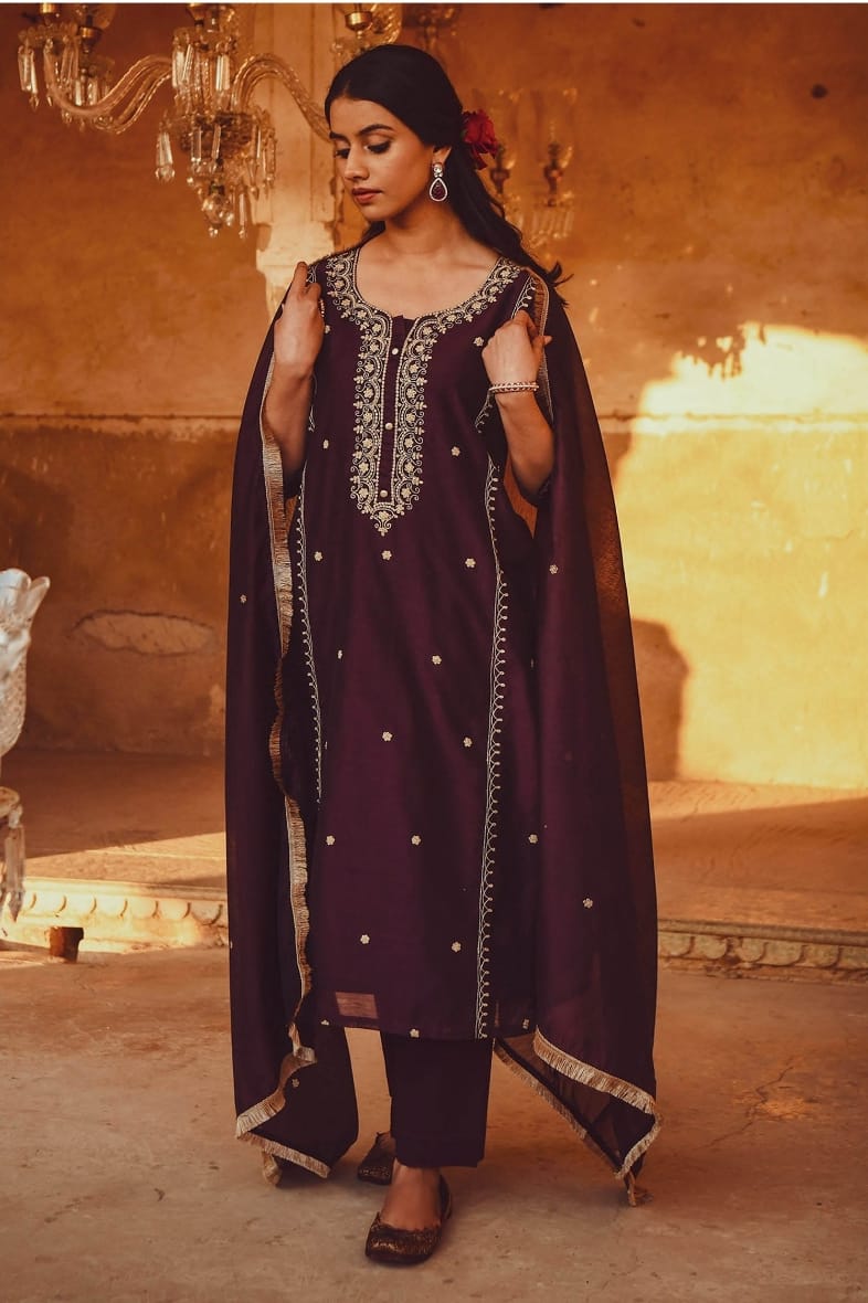 Royal Maroon Embroidered Chanderi Suit Set with Elegant Dupatta