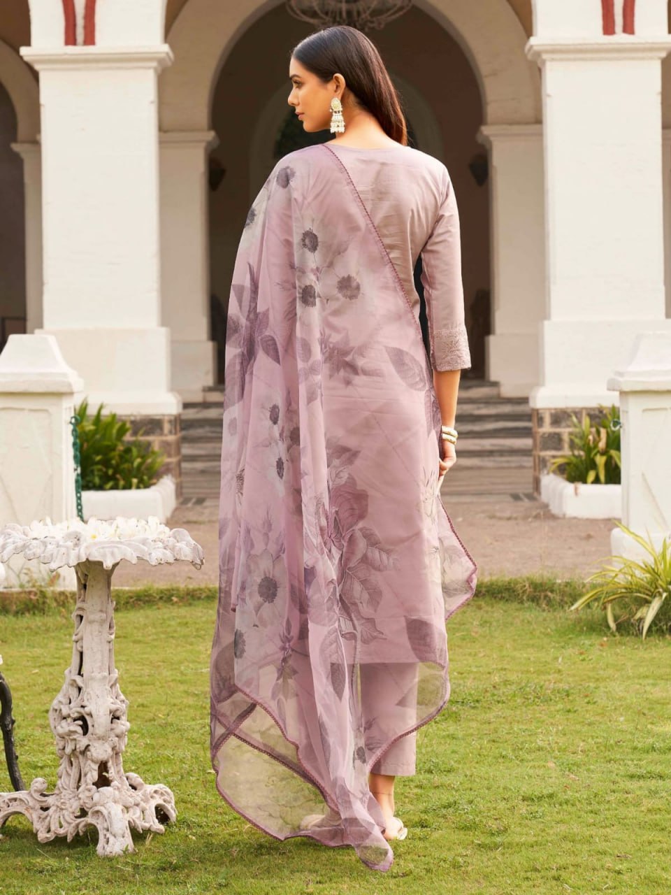 Light Pink Embroidered Roman Suit Set with Printed Organza Dupatta