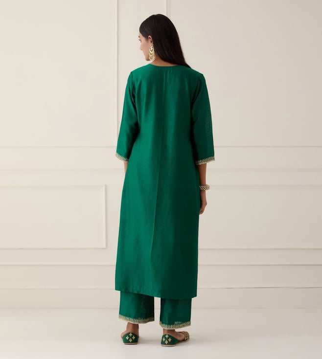 Royal Green Zari Embroidered Roman Suit Set with Organza Dupatta