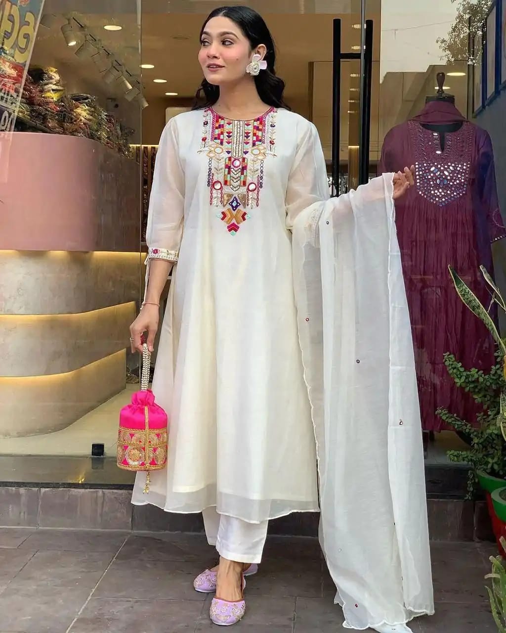 White Mirror Embroidered Chanderi Suit Set with Organza Dupatta