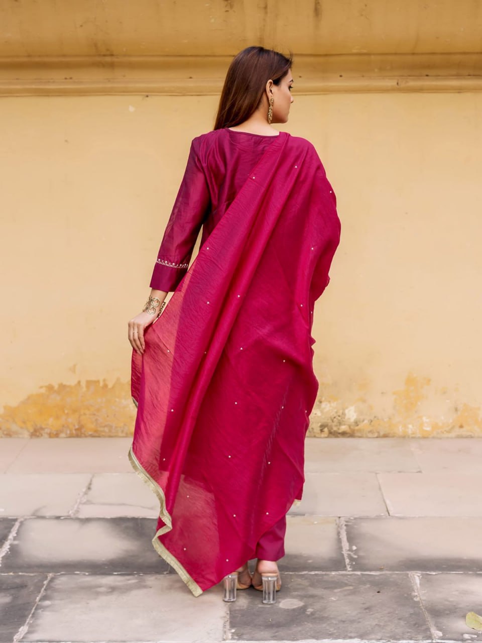 Luxury Rani Pink Embroidered Roman Suit Set with Chanderi Dupatta