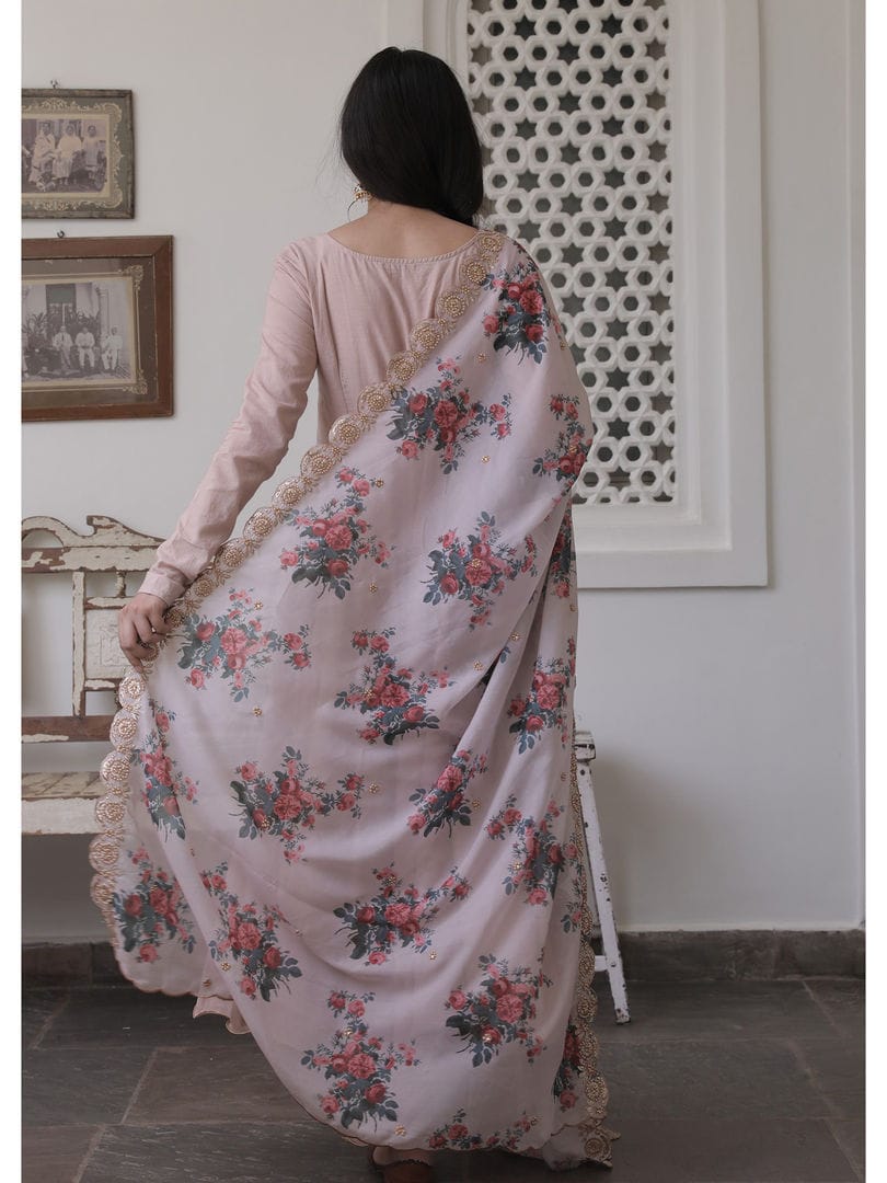 Floral Organza Dupatta Chinon Suit Set