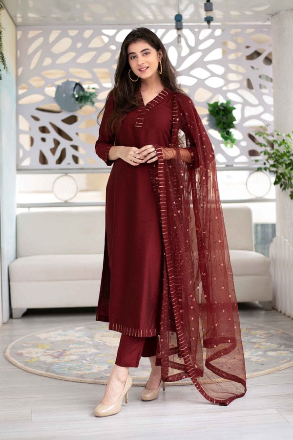 Maroon Embroidered Suit Set with Organza Dupatta