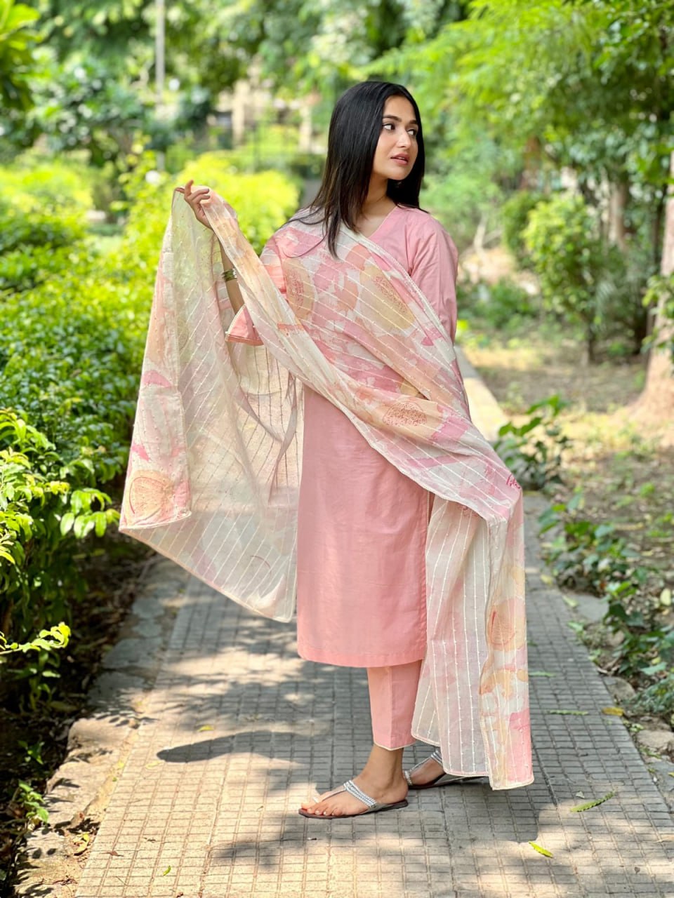 Pink Viscose Suit Set with Chanderi Dupatta