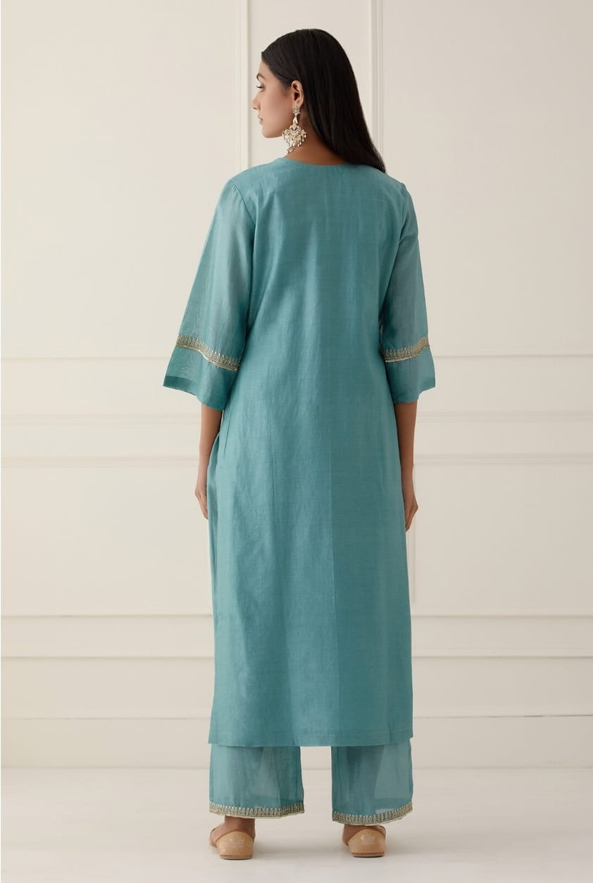 Pastel Aqua Roman Suit Set with Golden Zari Organza Dupatta
