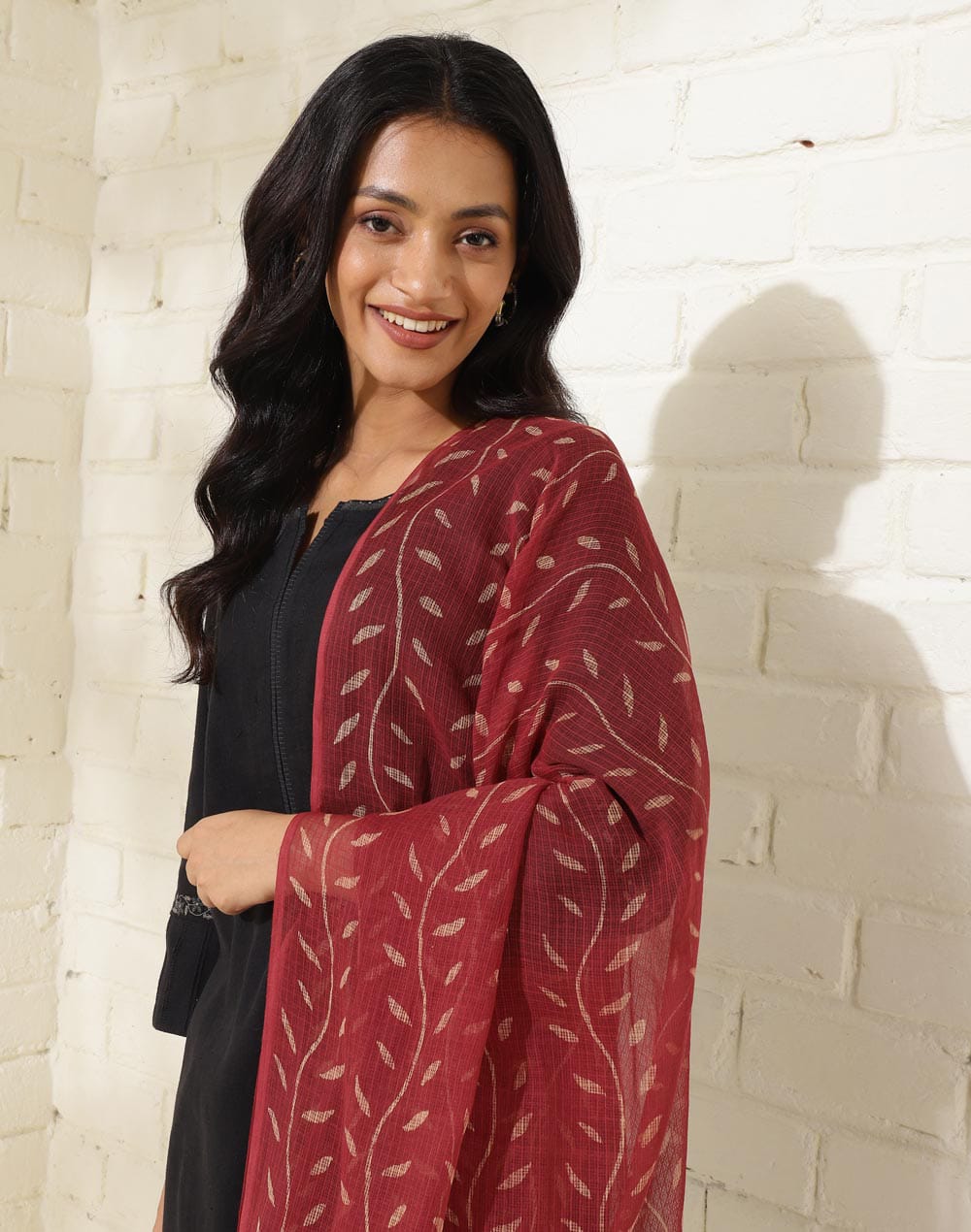 Classic Black Viscose Suit Set with Red Printed Dupatta