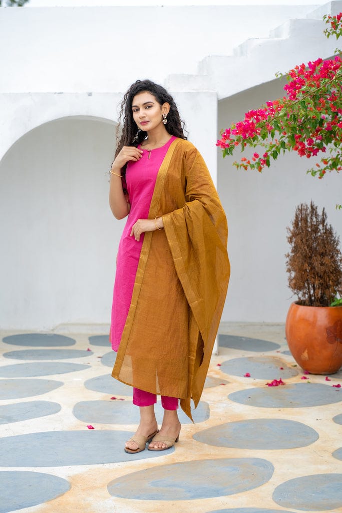 Rani Pink Roman Suit Set with Banarasi Lace Chanderi Dupatta