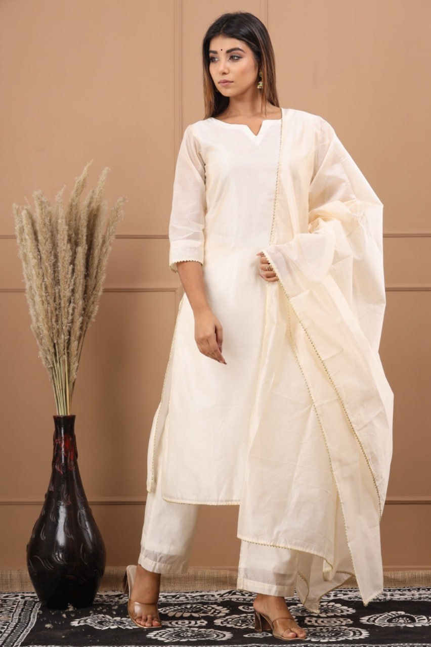 Cream Roman Suit Set with Chanderi Dupatta