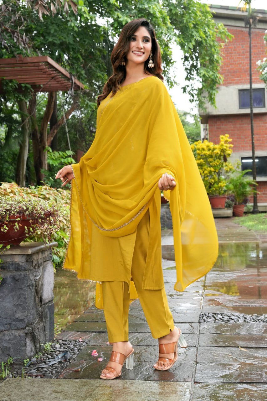 Mustard Yellow Embroidered Roman Silk Suit Set with Georgette Dupatta