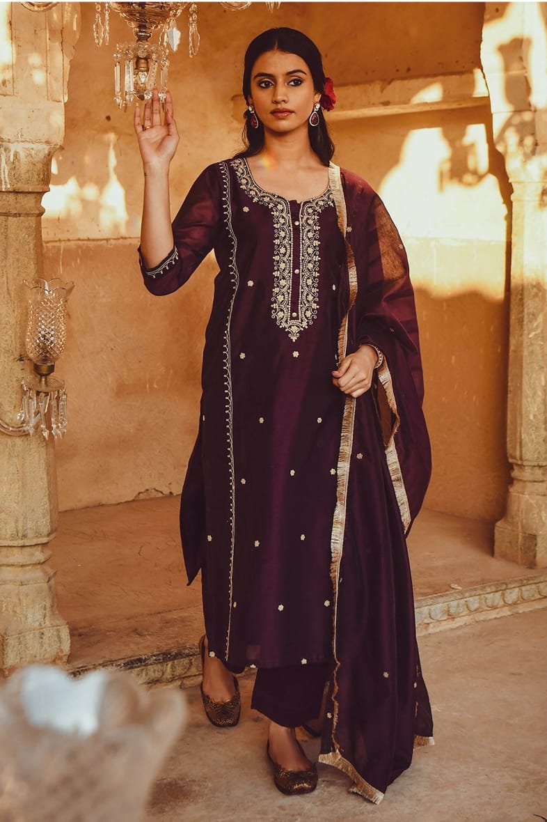 Royal Maroon Embroidered Chanderi Suit Set with Elegant Dupatta