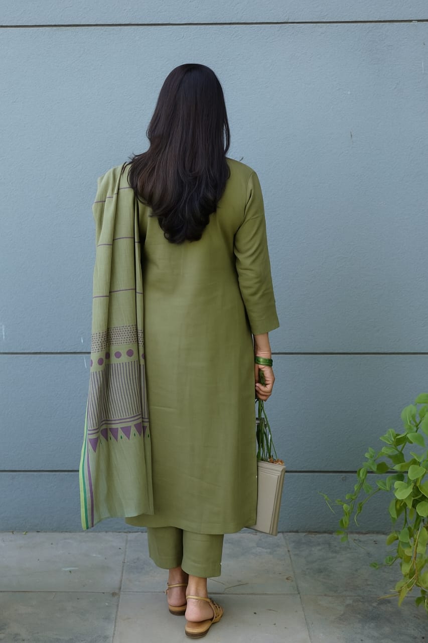 Mehandi Roman Suit Set with Printed Chanderi Dupatta