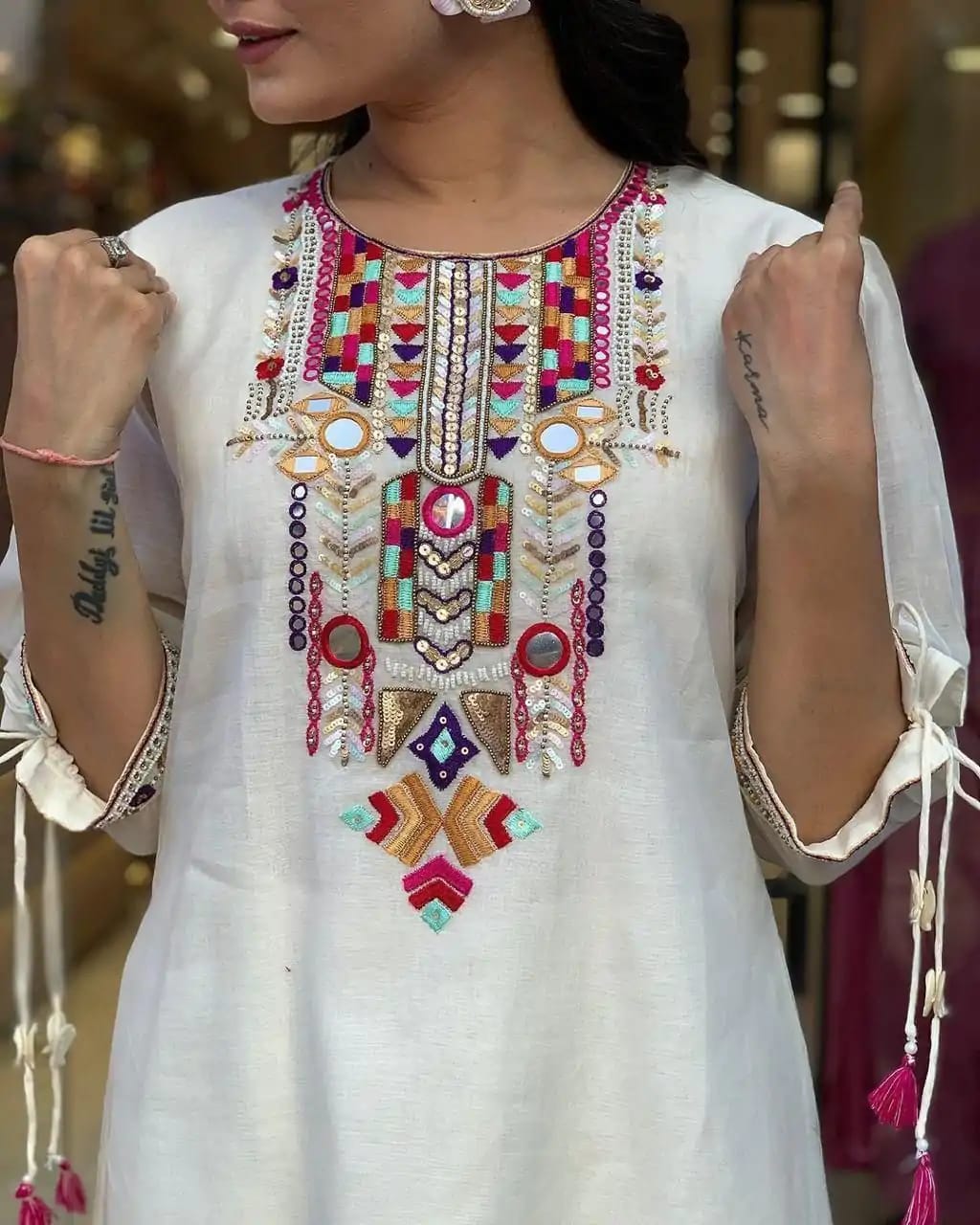 White Mirror Embroidered Chanderi Suit Set with Organza Dupatta