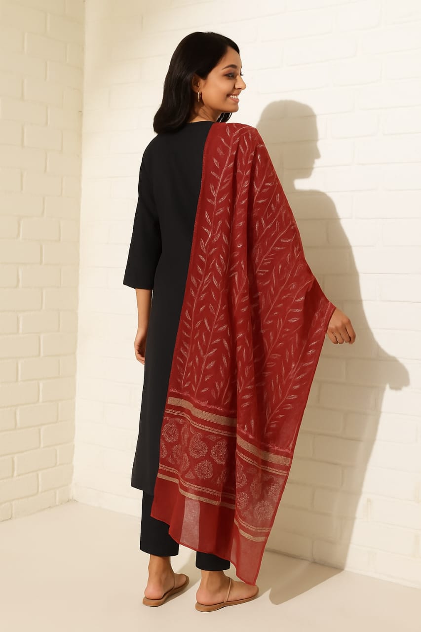 Classic Black Viscose Suit Set with Red Printed Dupatta