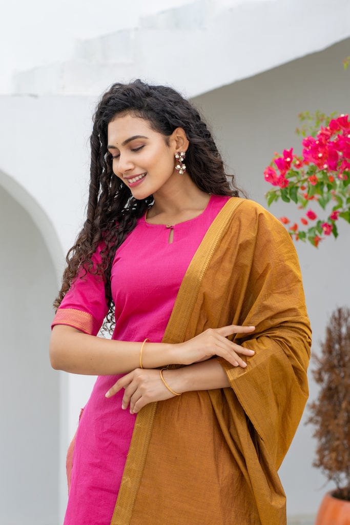 Rani Pink Roman Suit Set with Banarasi Lace Chanderi Dupatta