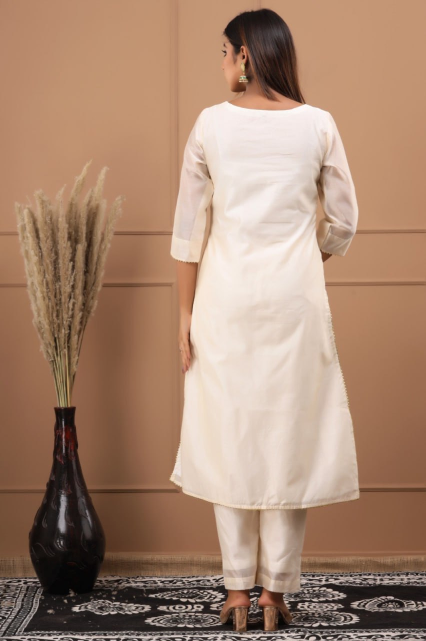 Cream Roman Suit Set with Chanderi Dupatta