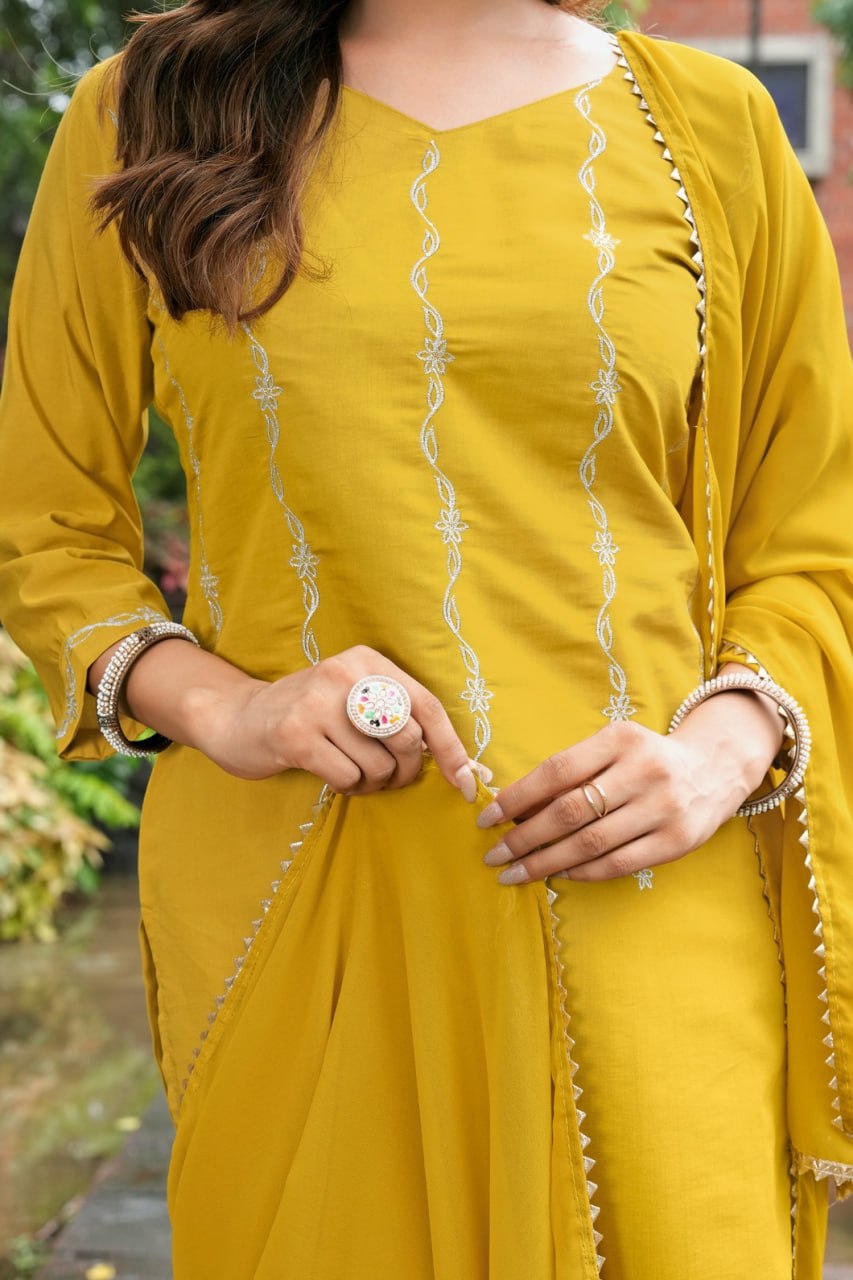 Mustard Yellow Embroidered Roman Silk Suit Set with Georgette Dupatta