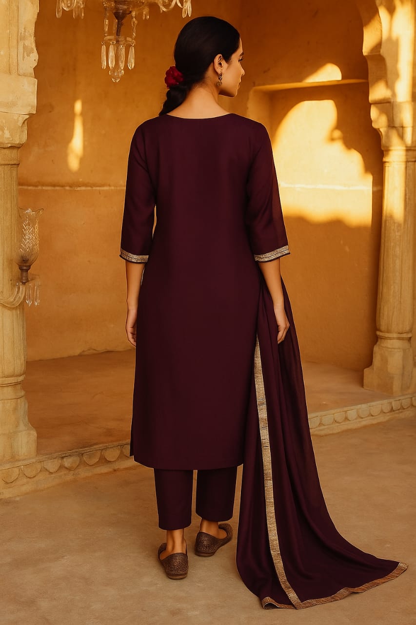 Royal Maroon Embroidered Chanderi Suit Set with Elegant Dupatta