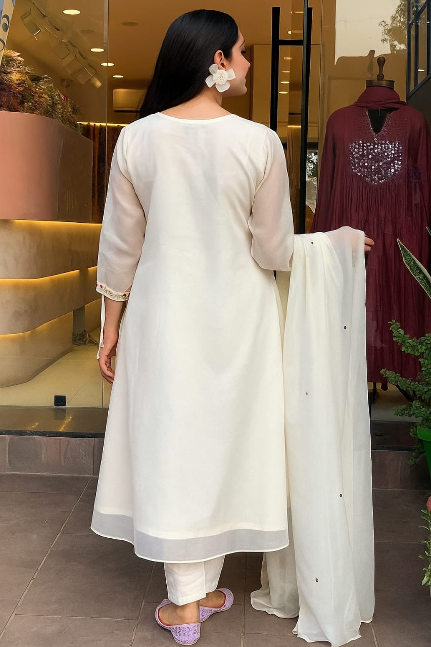 White Mirror Embroidered Chanderi Suit Set with Organza Dupatta