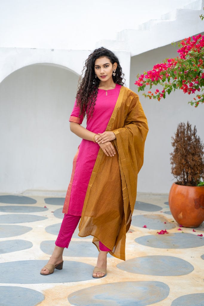 Rani Pink Roman Suit Set with Banarasi Lace Chanderi Dupatta