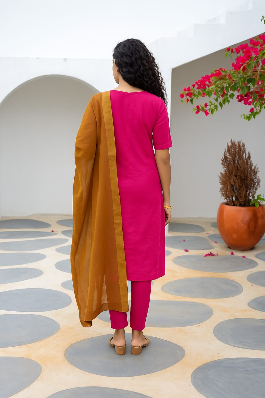 Rani Pink Roman Suit Set with Banarasi Lace Chanderi Dupatta