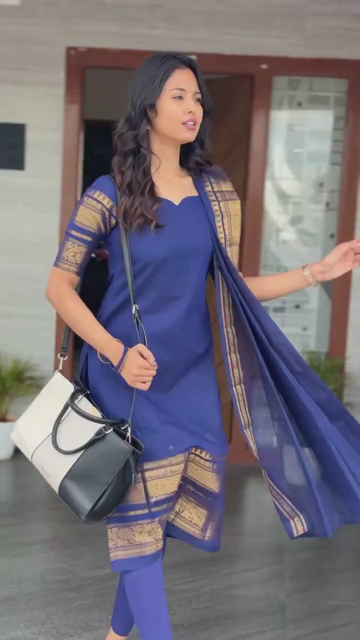 Navy Blue Kanchi Cotton Kurta Set with Dupatta
