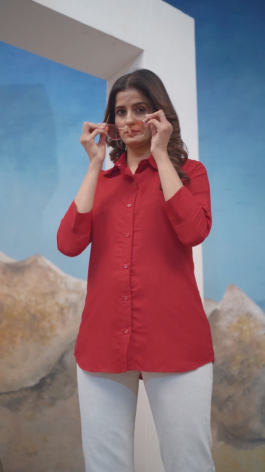 Red Solid Cotton Shirt for Women – Plain & Comfortable Everyday Wear